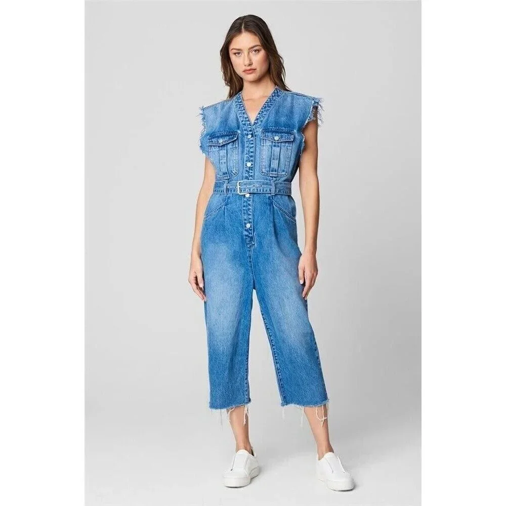 Blank NYC Denim Jumpsuit SMALL Relaxed Fit Belted Cropped Raw Straight Leg‎